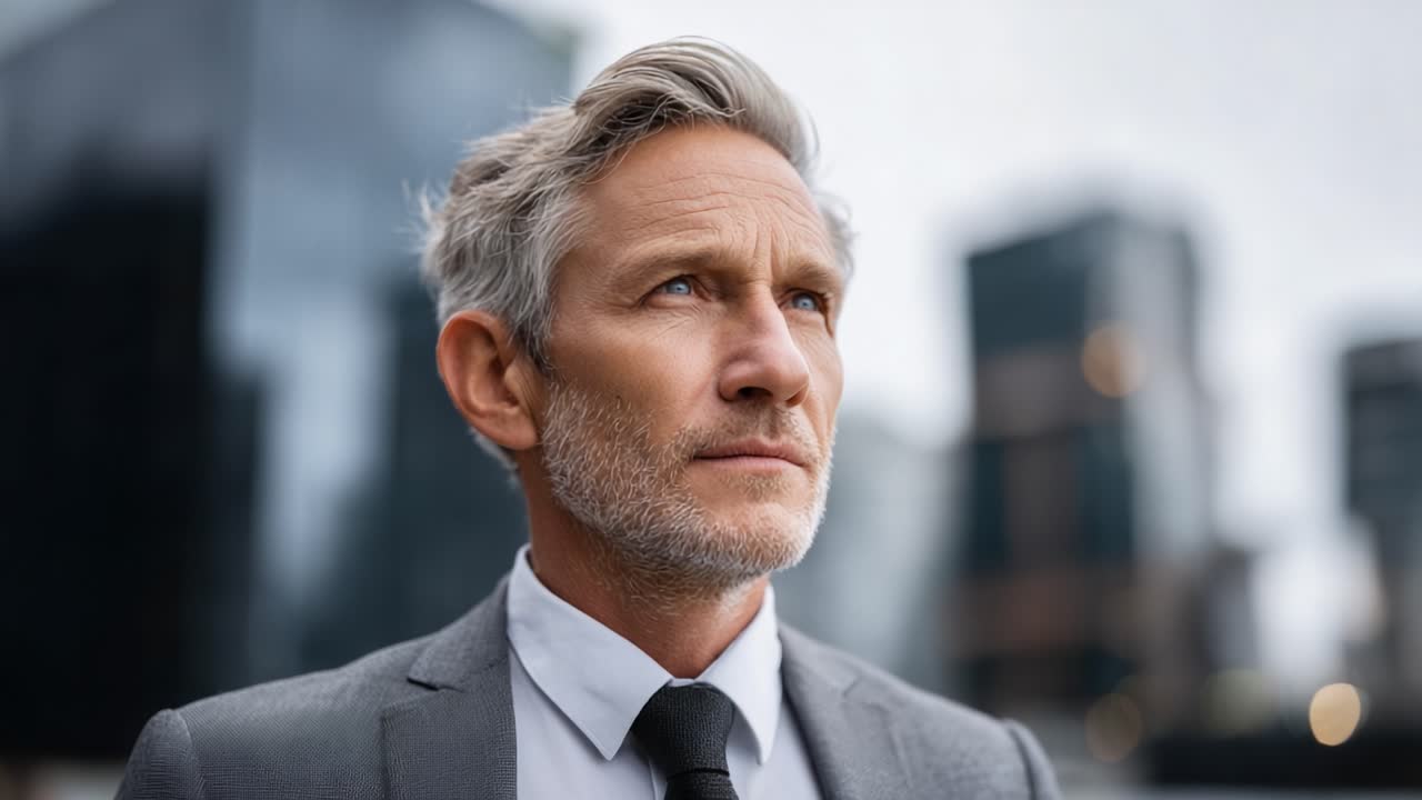 Confident Businessman in a Suit Gazing into the Distance, Reflecting on Opportunities and Future Success Amidst Urban Landscape