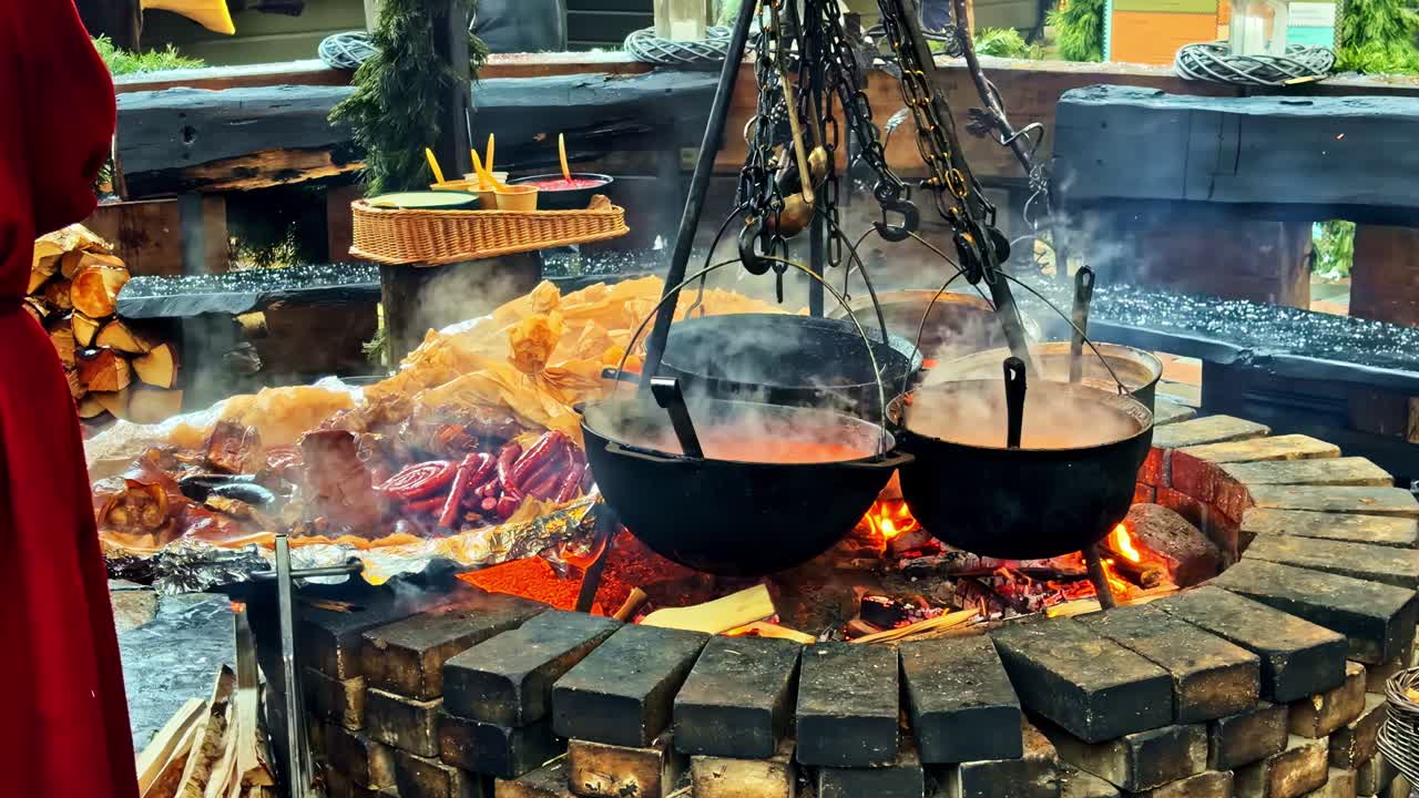 Pentole di sugo appese accanto a vassoi di carne sopra la griglia al mercatino di Natale di Riga, in Lettonia.