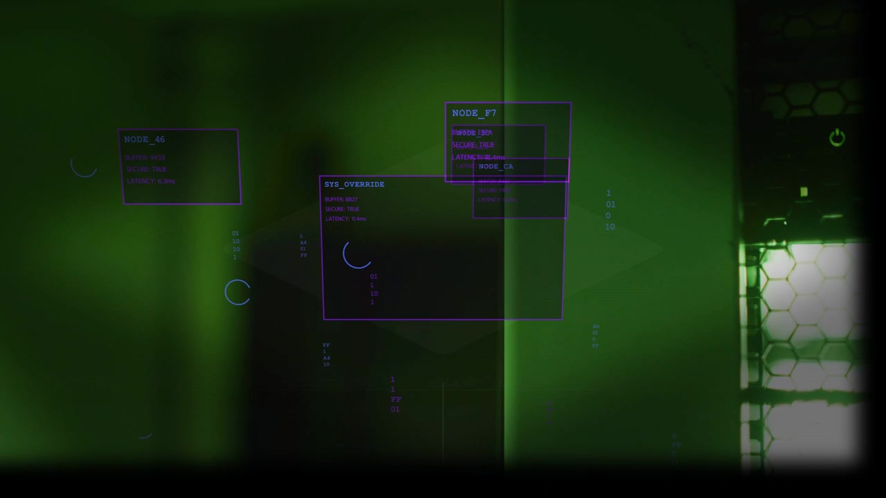 Gennemsigtige UI-overlays starter op i teknologibås, cirkulær fremskridtsindikator roterer, systemet initialiseres