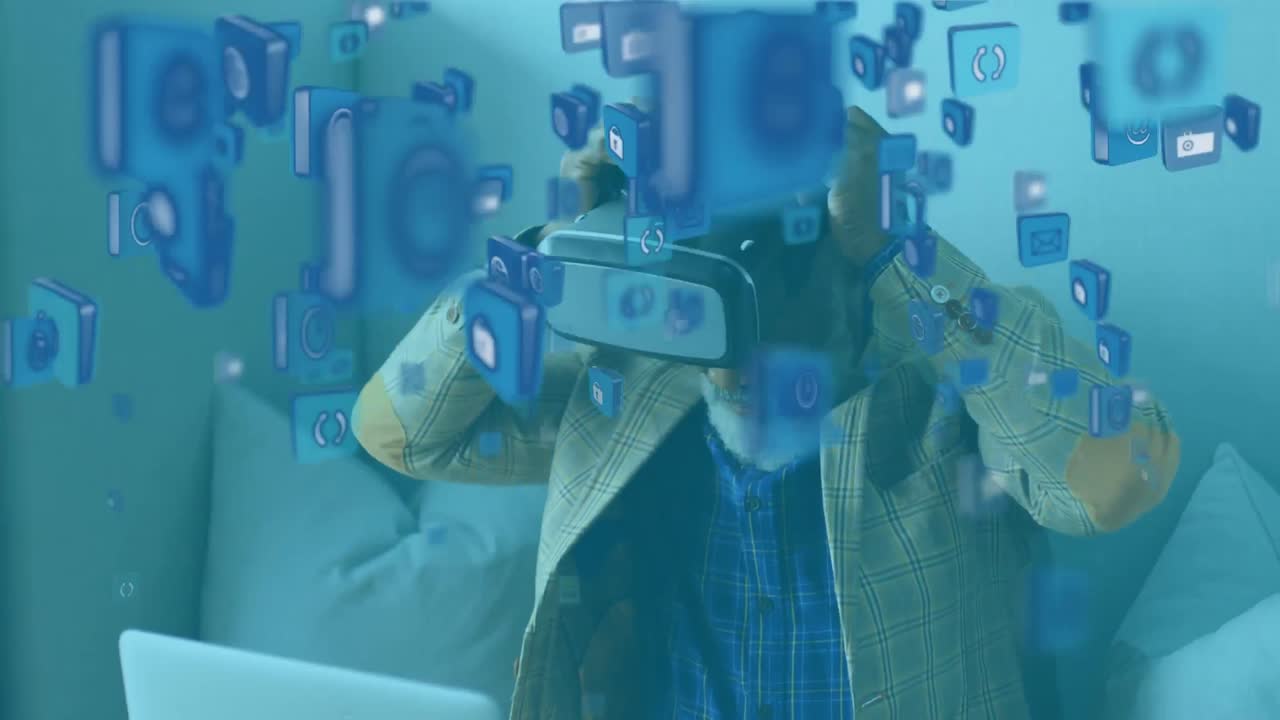 animación de un hombre afroamericano que usa un auricular vr sobre iconos sociales flotando