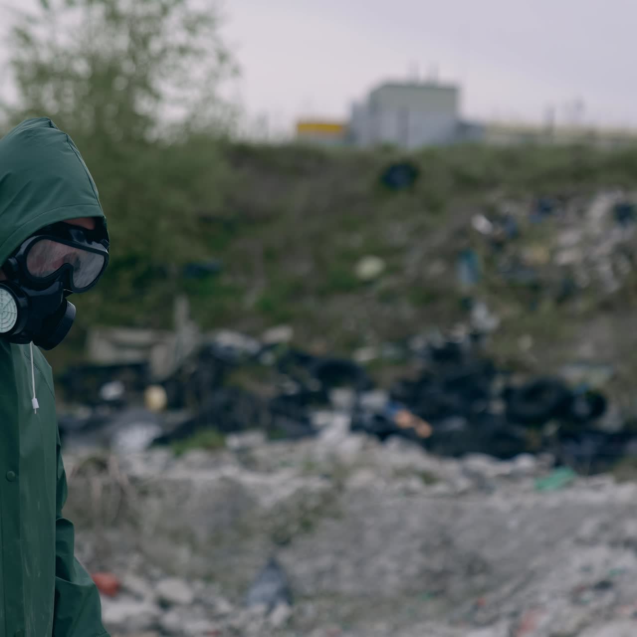 Man wearing gas protection suit. Industrial radiation environment pollution