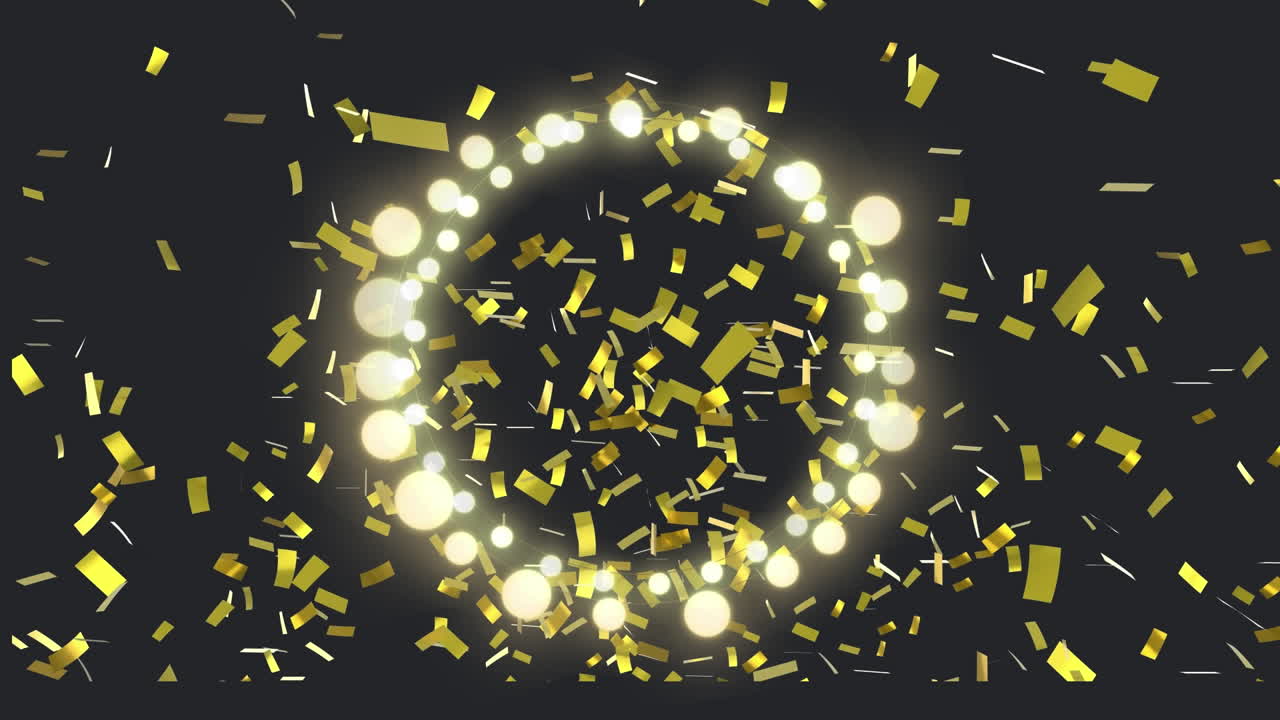 Animation of circle of glowing round christmas fairy lights over gold confetti, on black