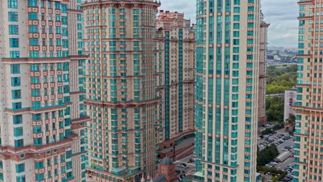 aerial aerial photography next to a group of modern stylized skyscrapers in the urban area, moscow, russia