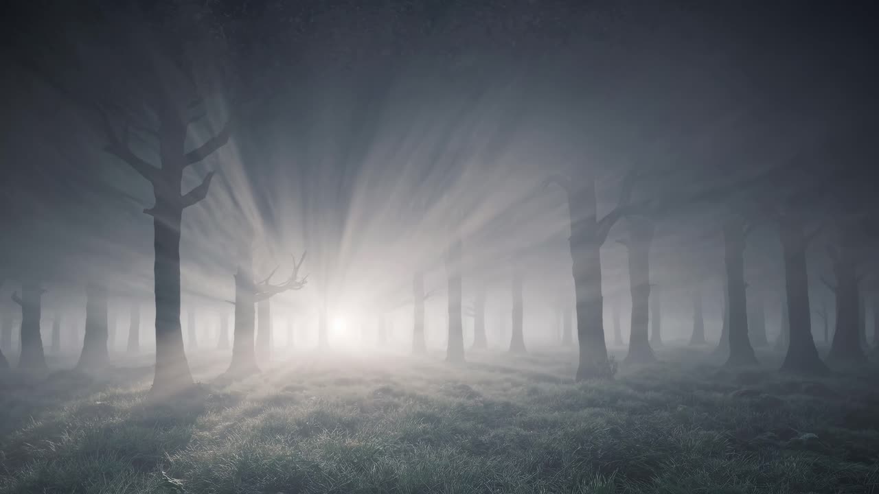 Eerie forest scene with mist and sun rays, captured from a low angle