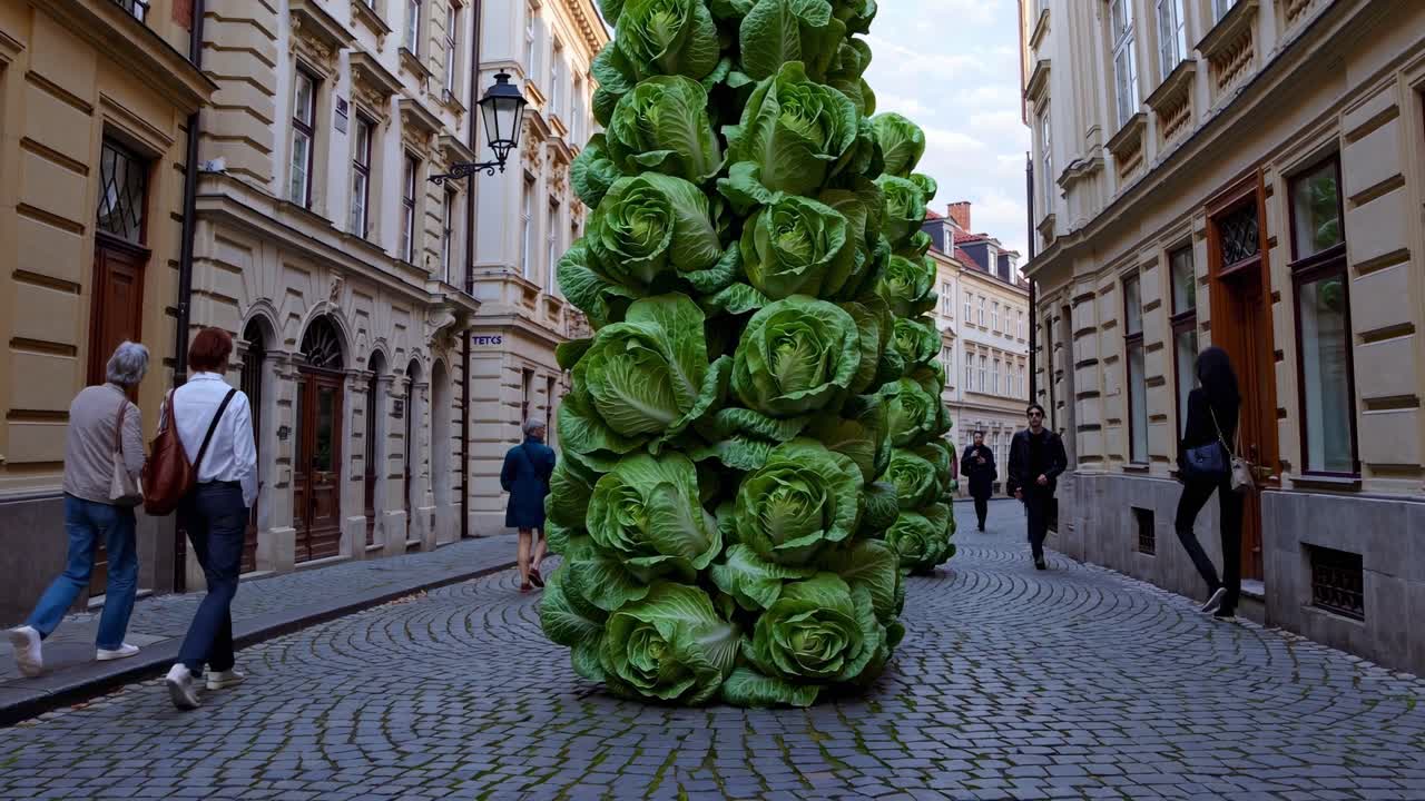 Giant lettuce sculpture occupies a narrow street in Prague, with people walking by, creating a surreal and thought provoking scene that blends nature and urban environment