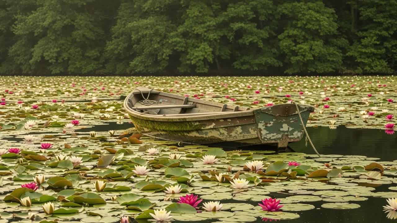 A Serene Reflection of Nature: A Rustic Boat Nestled Among Vibrant Water Lilies, Capturing the Tranquility of a Peaceful Water Landscape