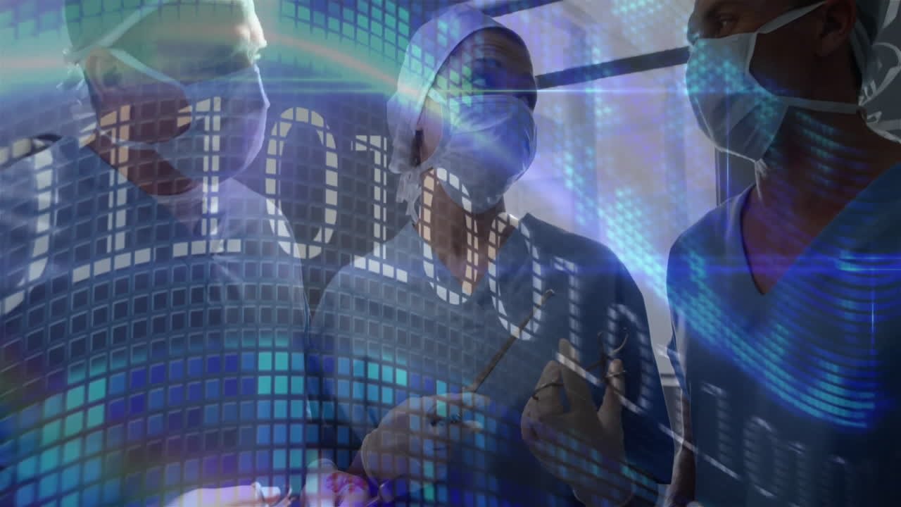 Surgical team collaborating in OR, holding forceps while projecting digital grid with waveforms