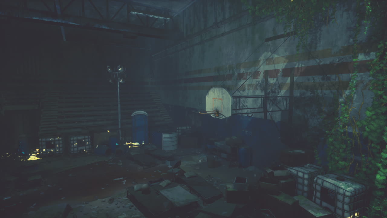 una cancha de baloncesto abandonada en un viejo gimnasio