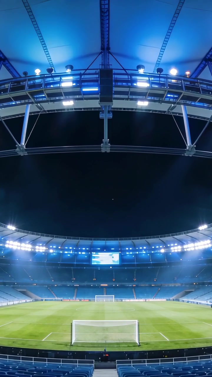 Video verticale: Zoom indietro, la telecamera rivela un campo da calcio con porta di notte, mostrando la struttura del tetto.