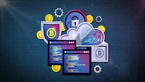 Cryptocurrency and blockchain technology animation over digital security and coding elements