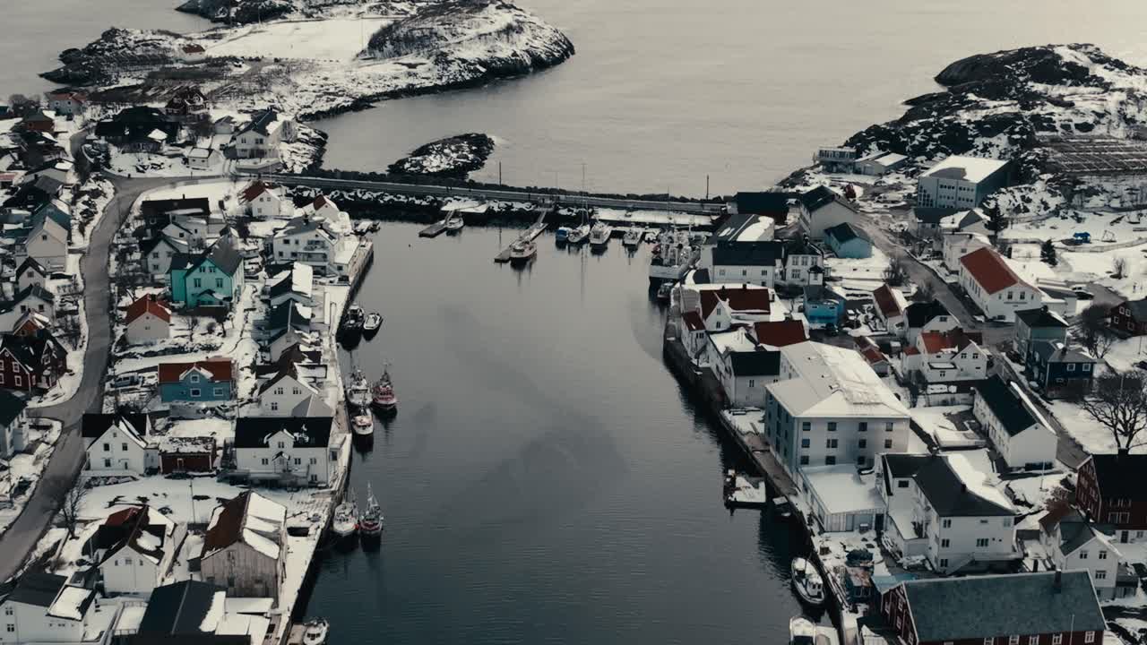 Henningsvaer Village, Dreyers Gate And Nearby Islands In Nordland, Norway. - aerial shot