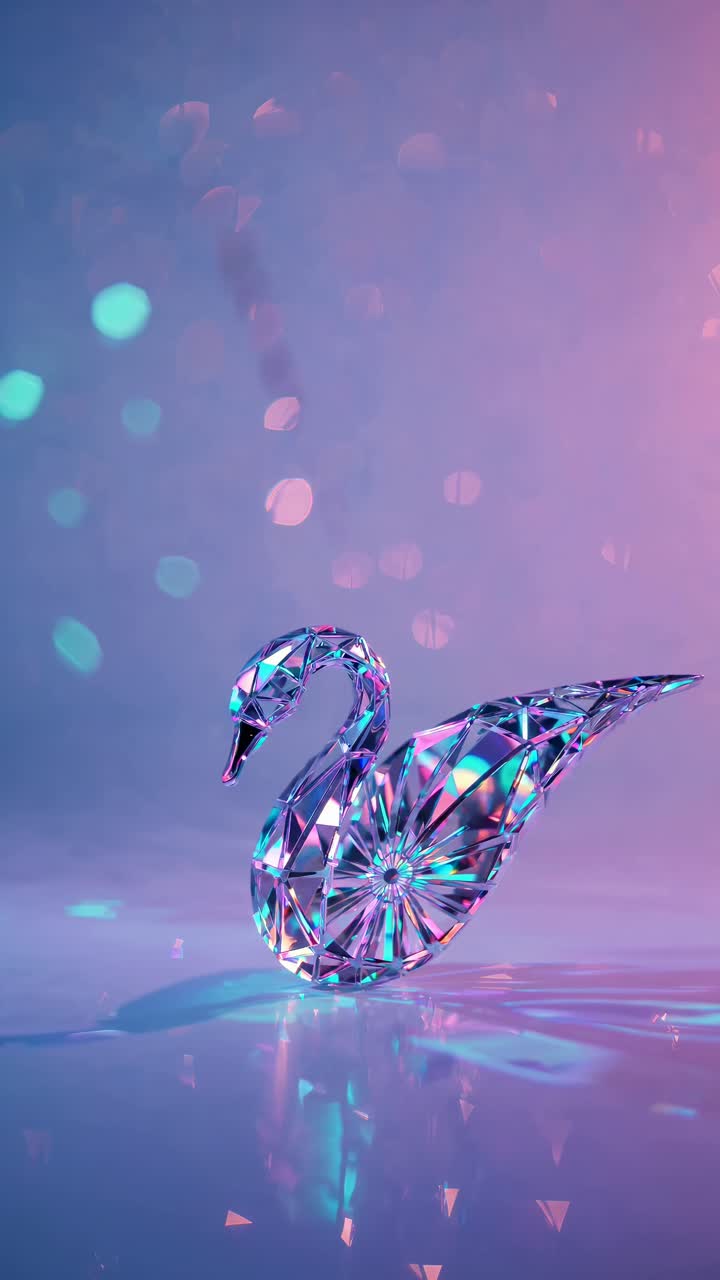 A low-angle shot of a crystal swan with a kaleidoscope effect, set against a dreamy, purple