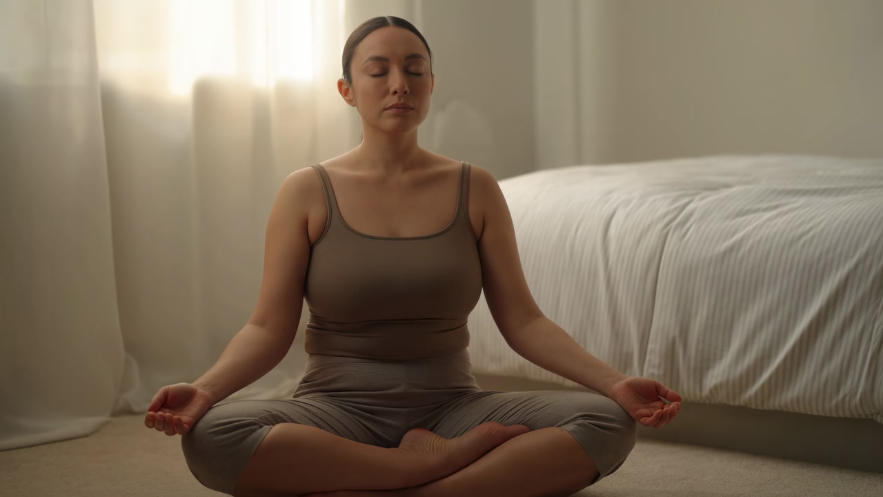 Asian Woman Meditating In Bedroom Soft Morning Light Crosslegged Lotus Pose On Carpet Near Bed Eyes Closed