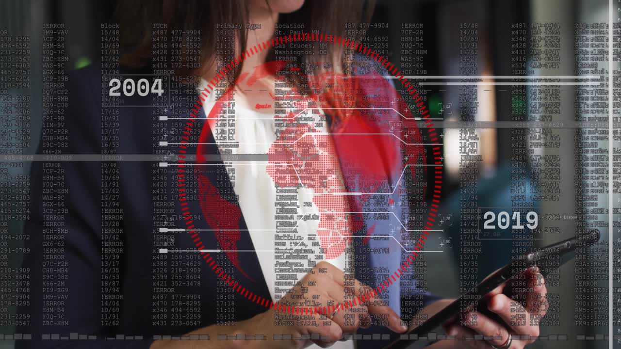 Mid-adult woman tapping tablet, navigating red world-map timeline overlays to review business data