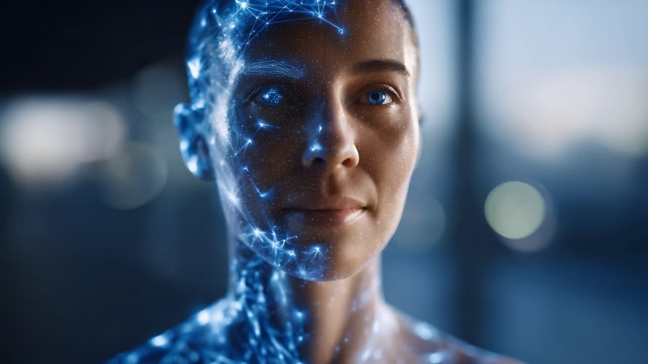 Stunning Portrait of a Woman with Bioluminescent Patterns Illuminating Her Face, Creating a Mystical and Otherworldly Atmosphere with Sparkling Light Effects