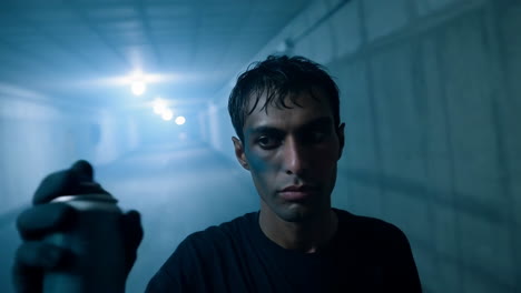 young man with spray can in a dark, blue-lit tunnel