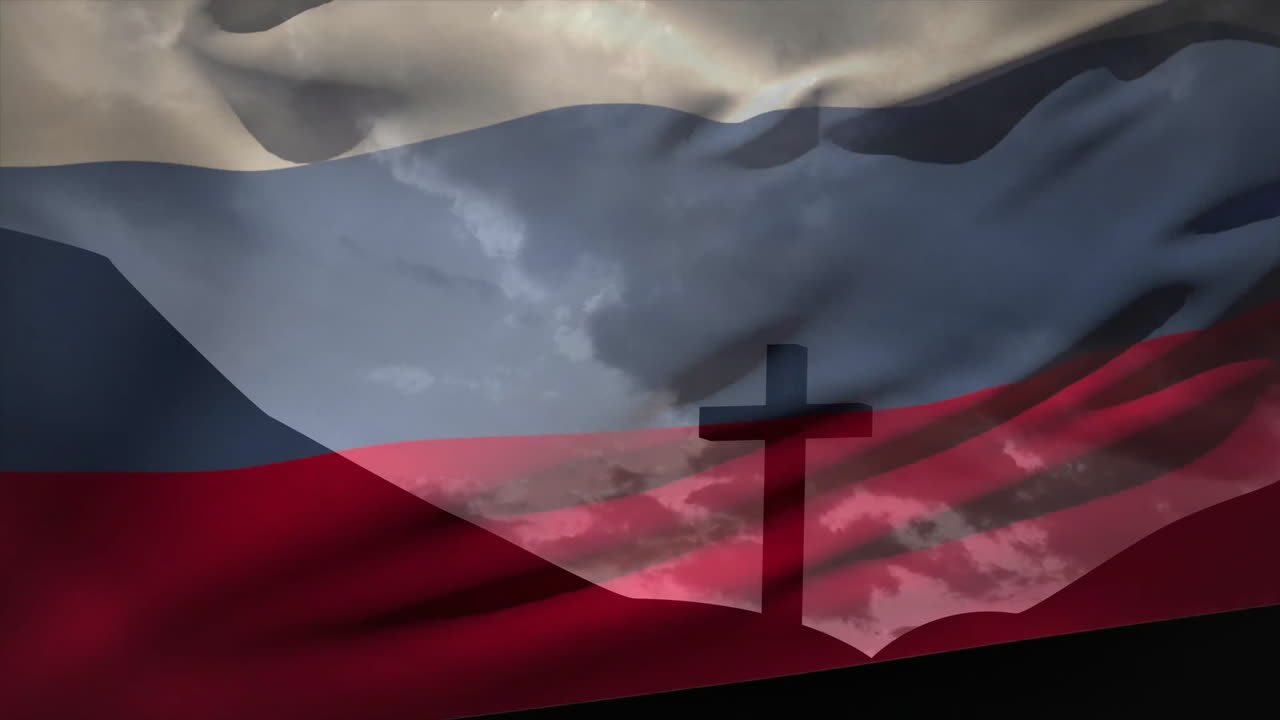 Waving flag with cross silhouette against cloudy sky in animation scene