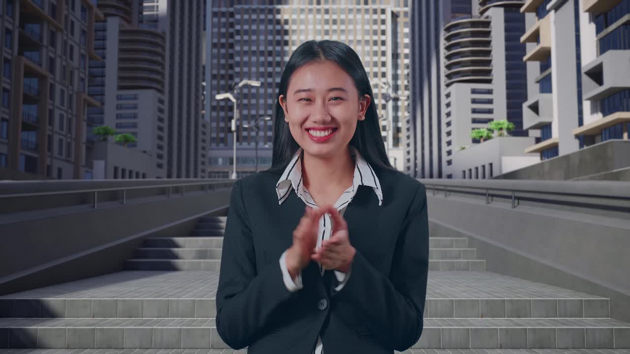 도시 에서 손 을 박는 아시아 의 사업가 여자