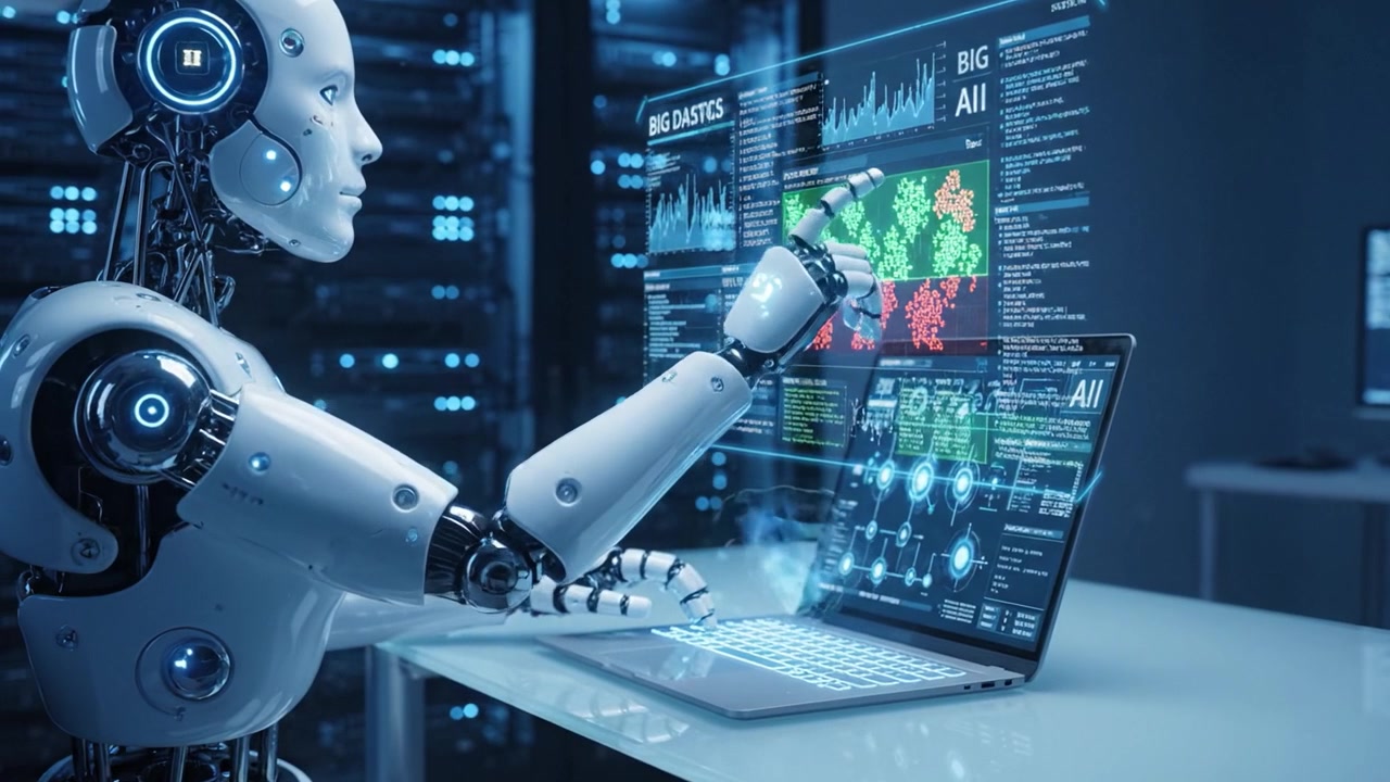 Futuristic AI Robot Analyzing Data on a Laptop in a High-Tech Server Room: Exploring Advanced Algorithms and Big Data Analytics in Real-Time