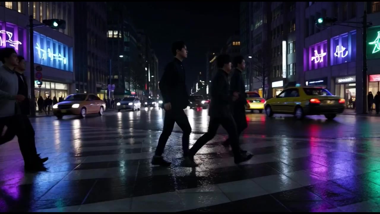 Group of People Walking Across City Street at Night