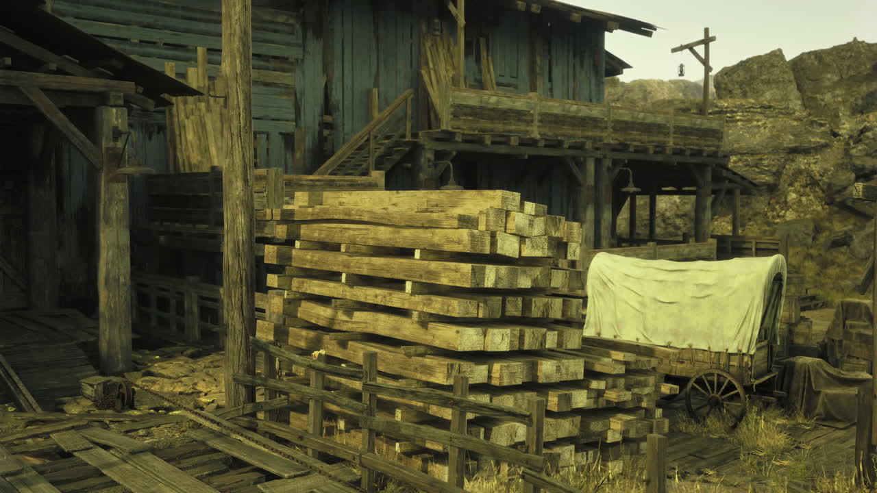 Historic wooden structures in an old mining town under a dusty sky