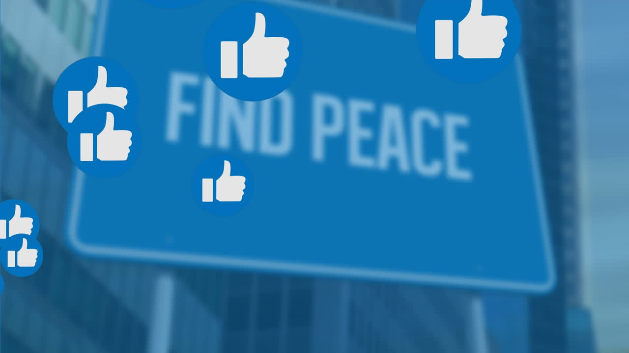 "미디어 아이콘의 애니메이션은 ""평화를 찾으십시오"" 텍스트를 통해 나타납니다."