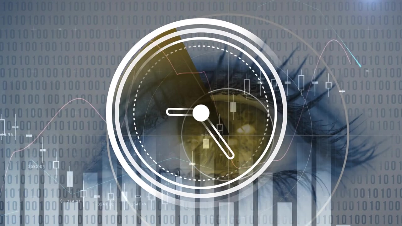 Occhio umano sovrapposto a orologio digitale e dati finanziari