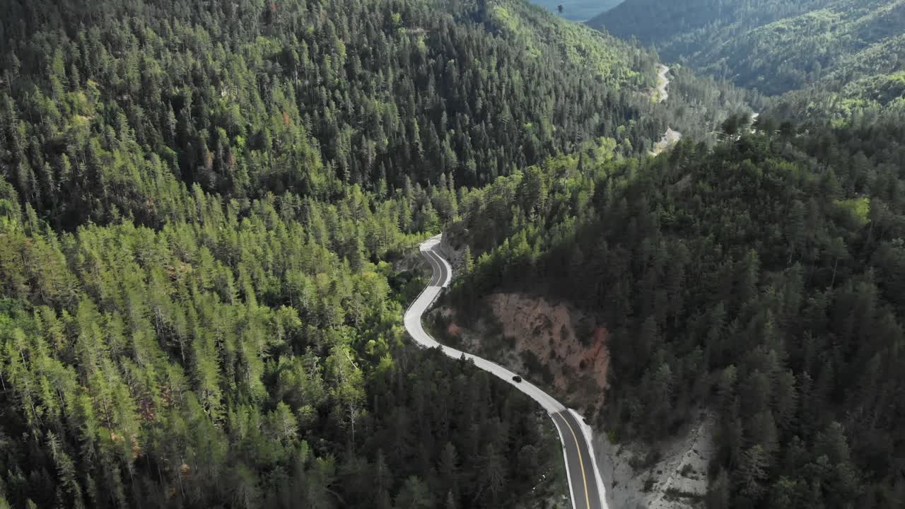 drone video seguimiento seguimiento coche gran altitud montaña bosque sinuoso carretera gramos