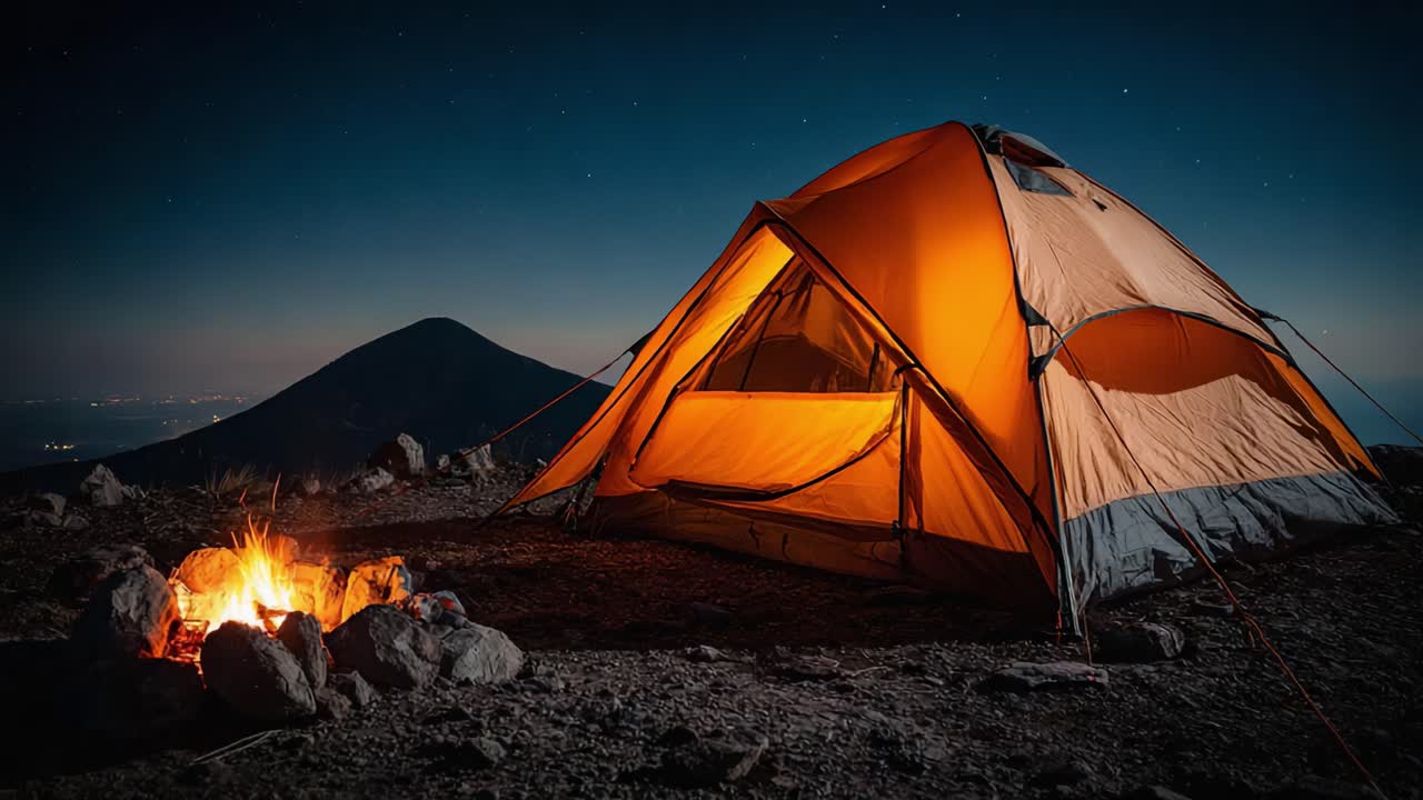 En Fredelig Nat med Camping Under Stjernerne: Oplyst Telt og Varmt Bål på en Klippefyldt Bjergskråning med Bjerge i Baggrunden