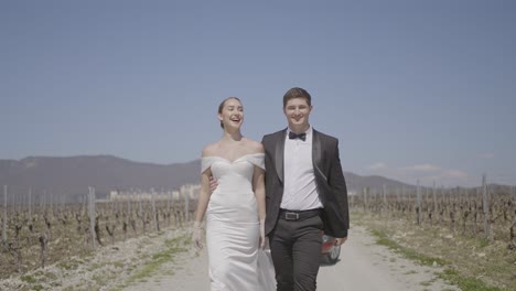 bride and groom walking through vineyard