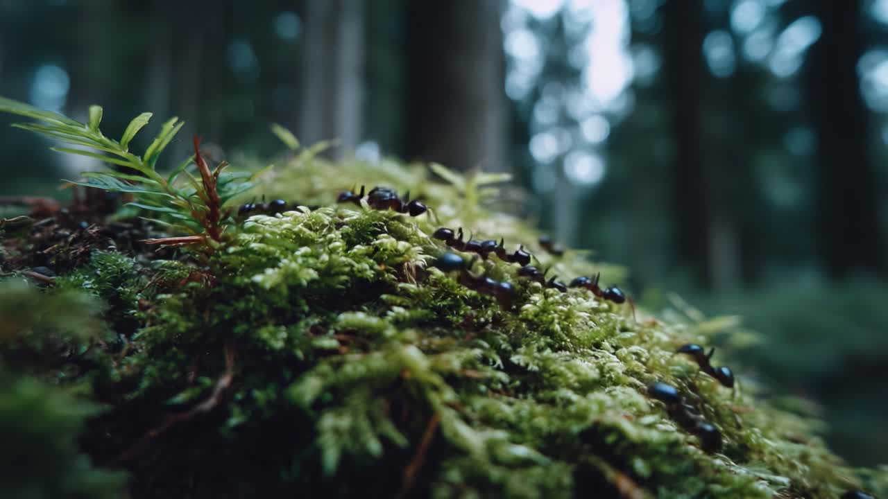 A Close-Up Journey Through the Forest Floor: Exploring Ants Navigating Mossy Terrain in a Lush, Verdant Environment