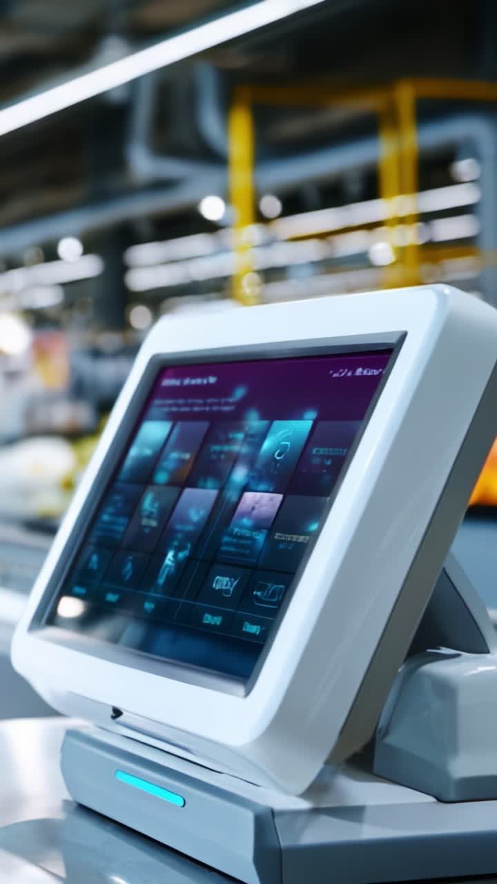 Modern Touchscreen Display Interface in Industrial Setting with Interactive Controls and Visual Feedback for Enhanced User Experience and Operations Management