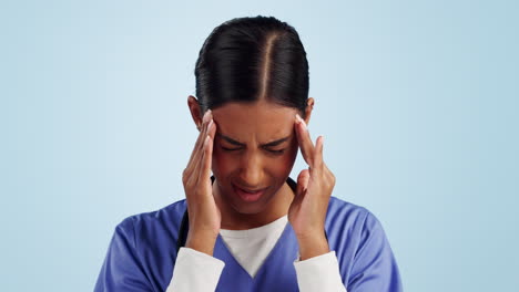 headache, nurse and woman with stress
