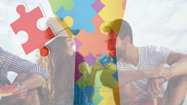 Animation of colourful puzzle pieces hand over happy friends at summer beach party