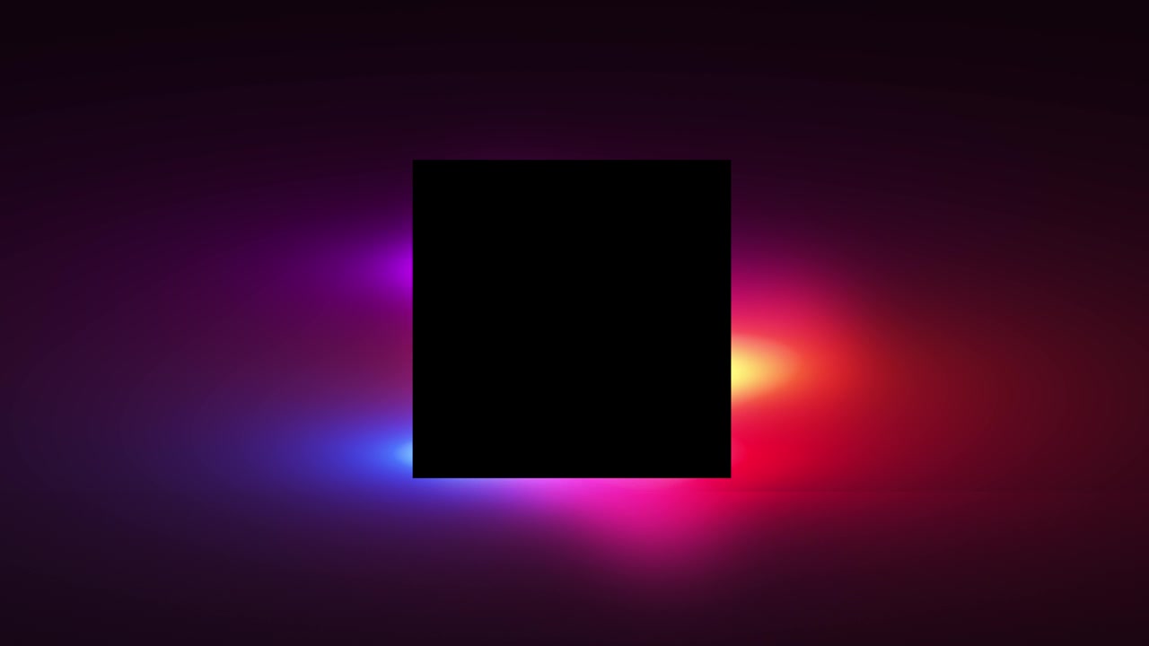Colorful glowing square background with red blue purple and yellow light spill around a black center