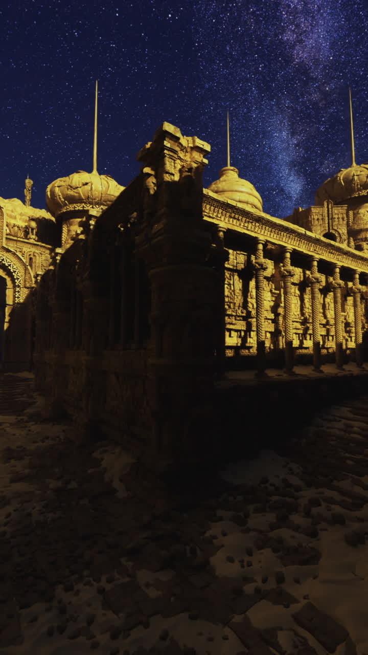 Ancient temple ruins under a starry sky at night in a mystical landscape