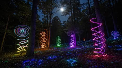 a captivating display of colorful light trails illuminating a forest at night with soft moonlight casting shadows on the ground and surrounding trees