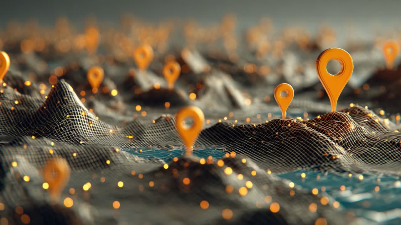An abstract representation of a digital landscape featuring vibrant orange location markers embedded in a mesh layer over a shimmering water surface, creating a visually stunning scene