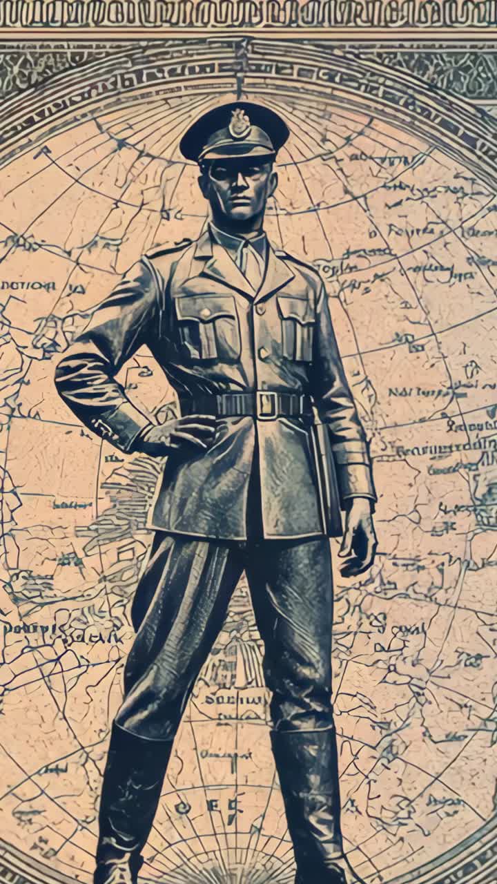 Vertical video: Camera zooming from wide to mid-thigh of uniform officer statue with map in gallery