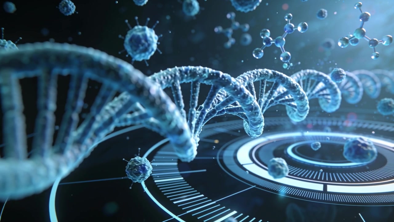 Telecamera che avanza rivelando un'elica di DNA blu che ruota, rivelando la sezione centrale in laboratorio con anelli HUD