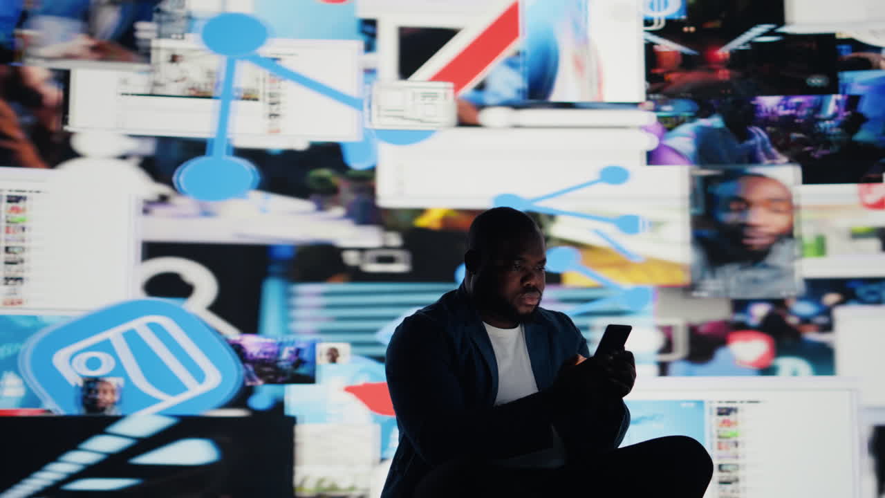 Black man portraying the harmful effects of excessive social media interaction