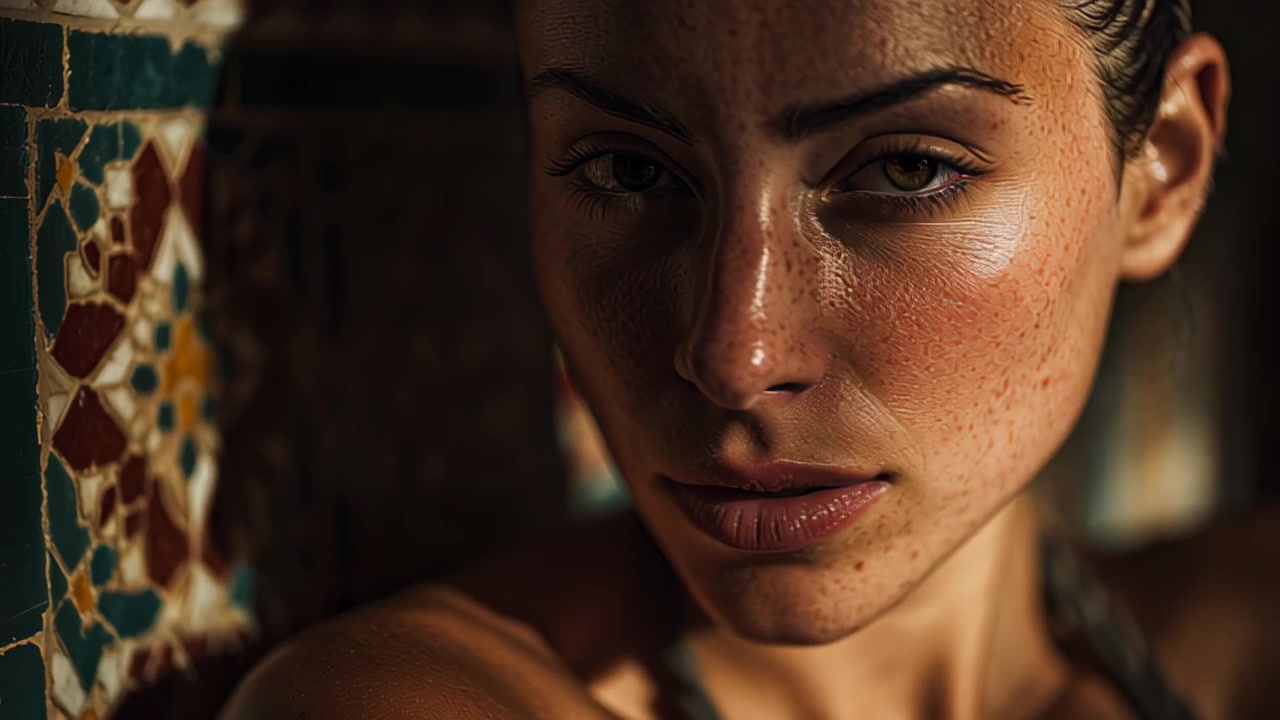 Ritratto cinematografico ravvicinato di una giovane donna pensierosa con lentiggini e capelli bagnati, appoggiata a una parete piastrellata in una luce calda, umore calmo e introspettivo