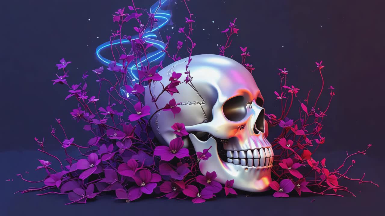 Skull with Purple Flowers and Neon Light