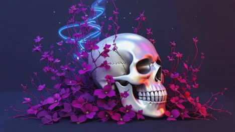 skull with purple flowers and neon light