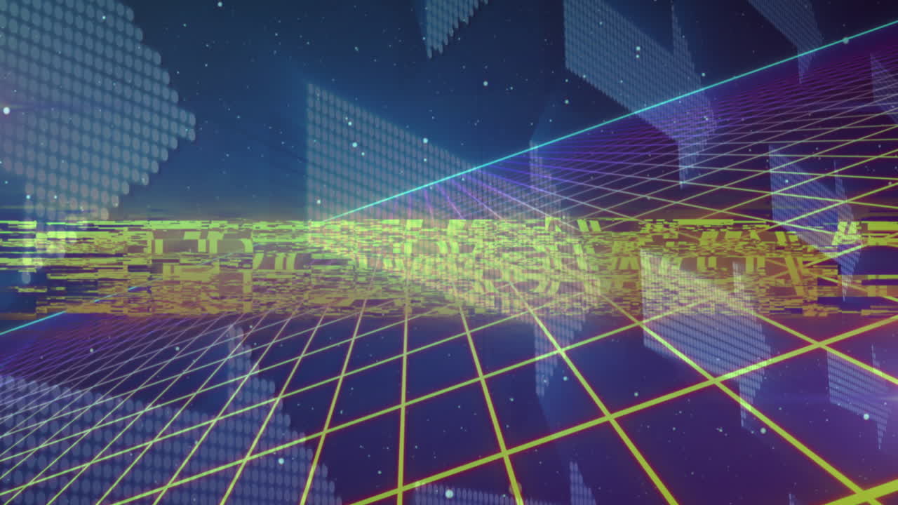 그리드와 여러 개의 떠다니는 화살표 위의 레트로웨이브 텍스트의 애니메이션