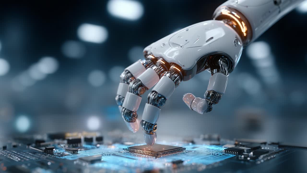 A Close-Up View of a Futuristic Robotic Hand Interacting with a Computer Chip, Highlighting Advanced Robotics and Technology in a High-Tech Environment