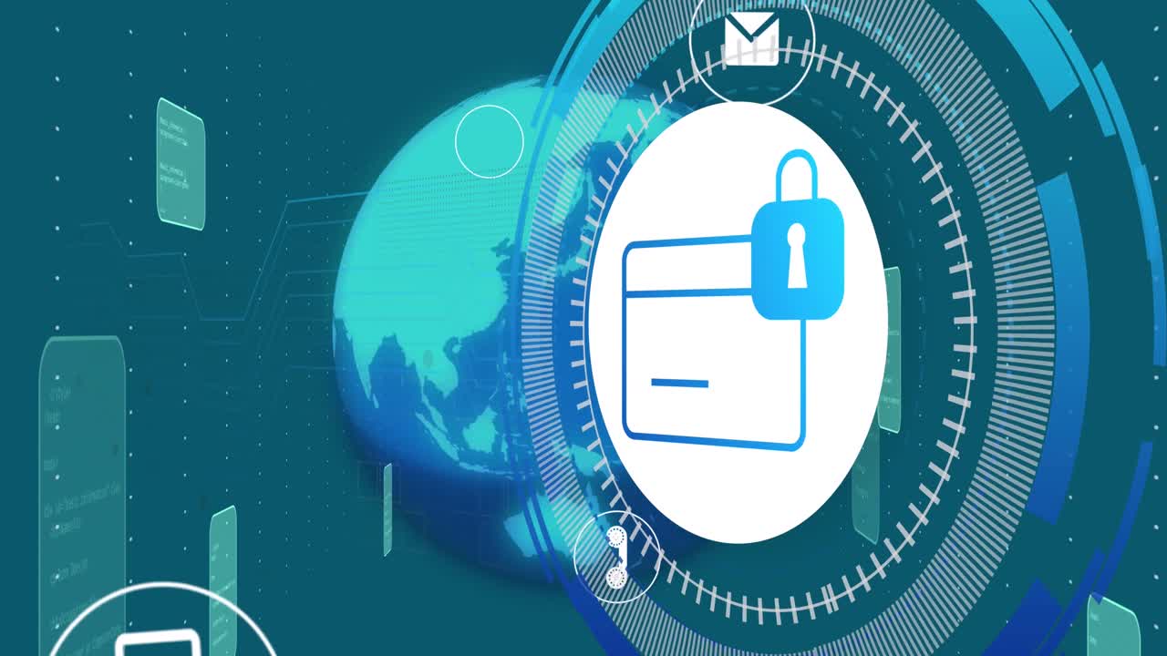 animación del globo, el icono del candado y el procesamiento de datos sobre fondo azul