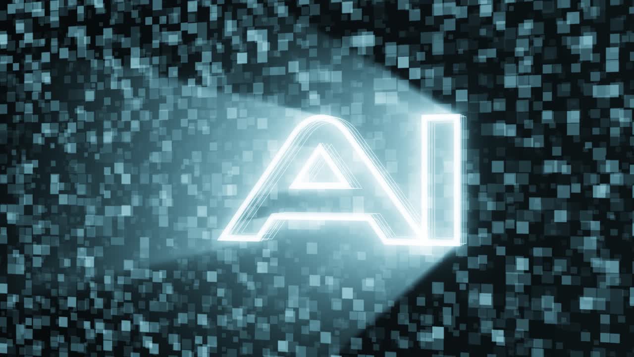Animation of AI, artificial intelligence, text with square pixel-like animation background and the camera arcing from left to right.