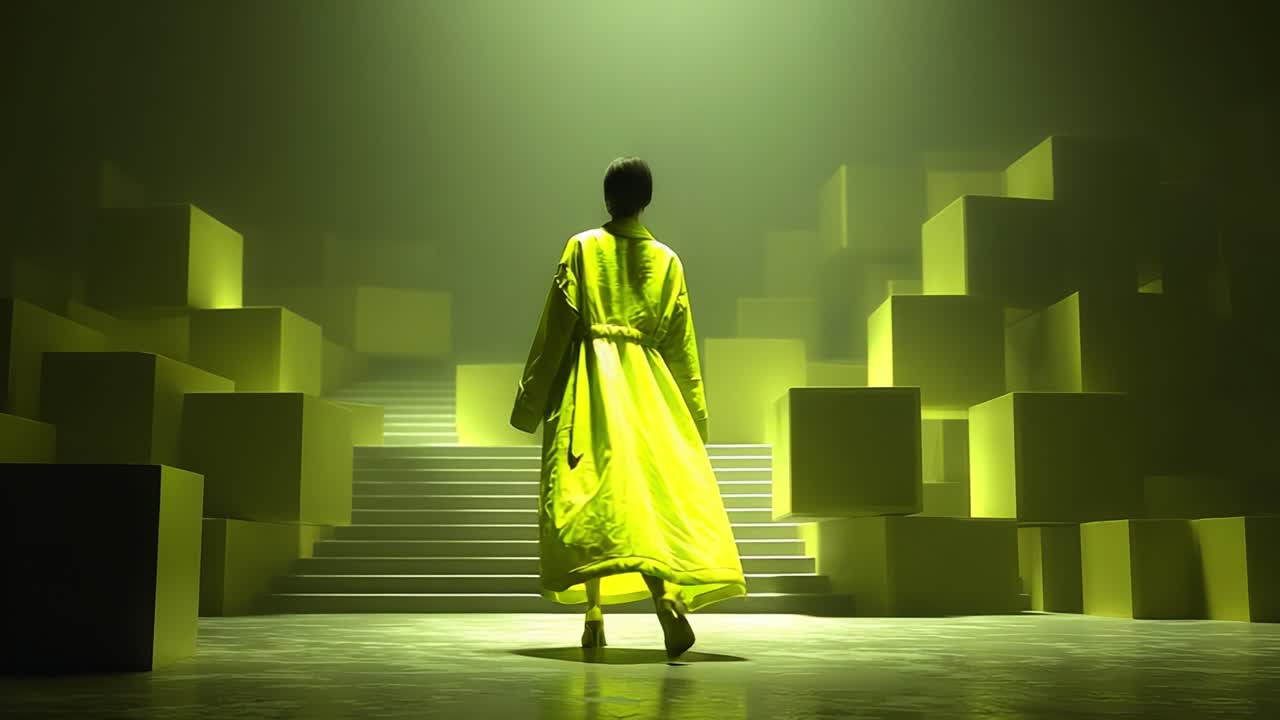 An ethereal figure draped in vibrant yellow walks gracefully through a dreamlike scene filled with illuminated cubes, embodying the fusion of fashion and abstract art in a surreal ambiance