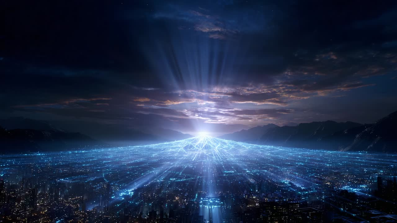 A Stunning Visual Experience of Radiant Energy Emanating from a Mountainous Landscape, Illuminating the City Below with Mesmerizing Blue Light, Fashioning an Ethereal Atmosphere of Otherworldly Wonder and Intrigue